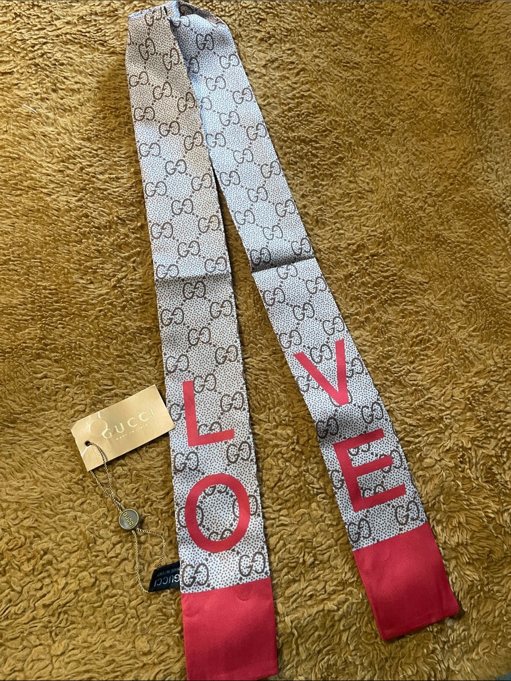 Gucci Beige GG Monogram Skinny Scarf with Red LOVE Accents